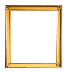 old vertical narrow rococo golden picture frame isolated on white background with cut out canvas