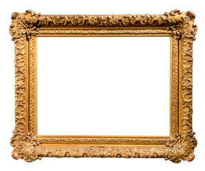 old horizontal wide baroque picture frame isolated on white background with cut out canvas
