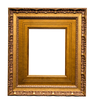 old very wide golden wooden picture frame isolated on white background with cut out canvas