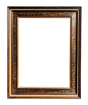 old vertical ornamental wooden picture frame isolated on white background with cut out canvas