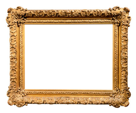 old horizontal wide baroque picture frame isolated on white background with cut out canvas
