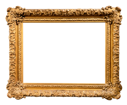 old horizontal wide baroque picture frame isolated on white background with cut out canvas