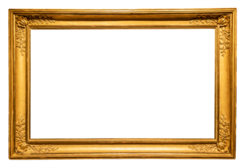 old horizontal long rococo gold picture frame isolated on white background with cut out canvas