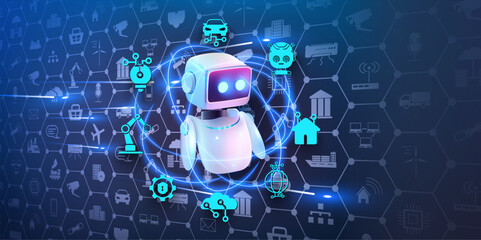 Hologram Chatbot ai virtual on  Internet of things backround. intelligence Ai, Robot answer customer in chatbot service, Futuristic technology, robot in online system. Vector illustration