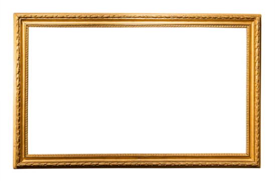 old horizontal long narrow wooden picture frame isolated on white background with cut out canvas