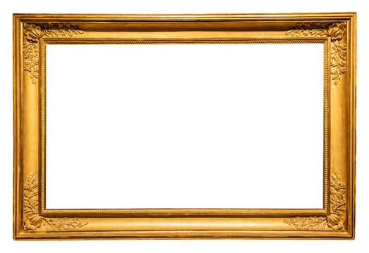 old horizontal long rococo gold picture frame isolated on white background with cut out canvas