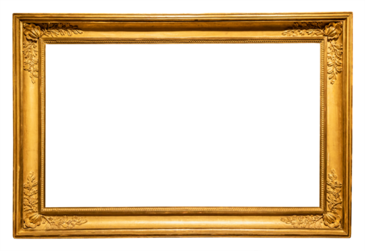 old horizontal long rococo gold picture frame isolated on white background with cut out canvas