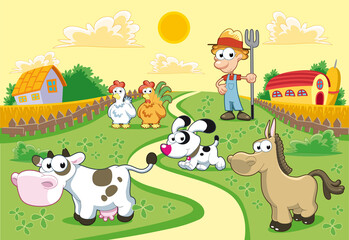 Plakat Farm Family with background. Funny cartoon and vector illustration.