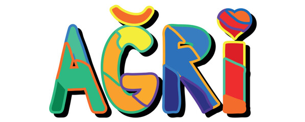 AGRI and Heart. Bright funny cartoon color doodle isolated typographic inscription. Place in Turkey AGRI for print, Turkish resources, social network, advertising banner, t-shirt design.