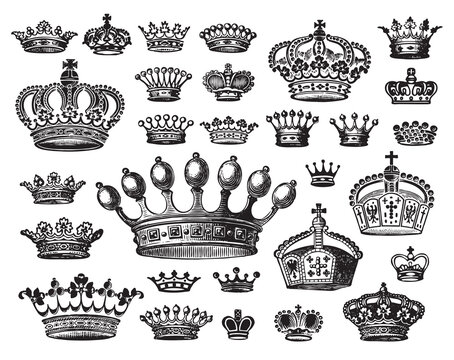 set of antique crowns engravings; scalable and editable vector illustrations