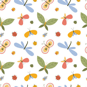 Seamless pattern with a variety of butterflies and bugs on a white background.