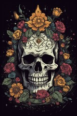 Cartoon Floral crown skull Tshirt design. Generative AI