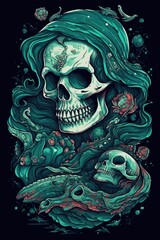 Cartoon Mermaid skull Tshirt design. Generative AI