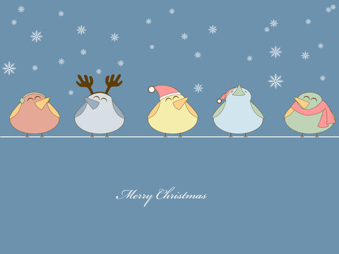 Vector picture of birds singing christmas songs on blue background