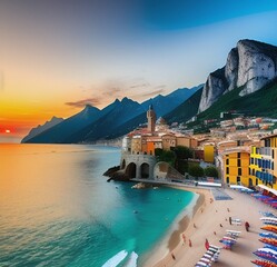 Das Bild zeigt einen atemberaubenden Blick auf Italien, wo sich die Sonne über dem Meer hinwegsetzt und einen glänzenden Pfad über die Wasseroberfläche zu den sandigen Stränden zieht. 
