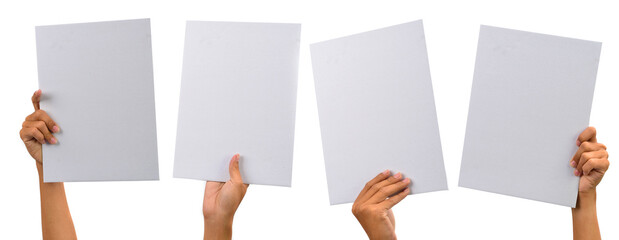 various blank cardboard with hands isolated on white