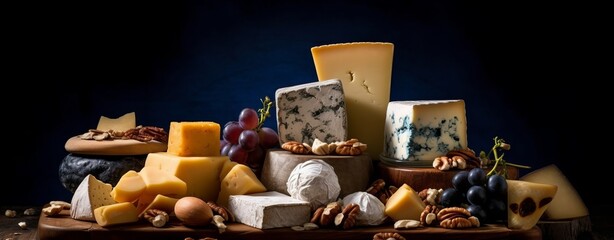 Different kinds of cheese with nuts on dark background, copy space