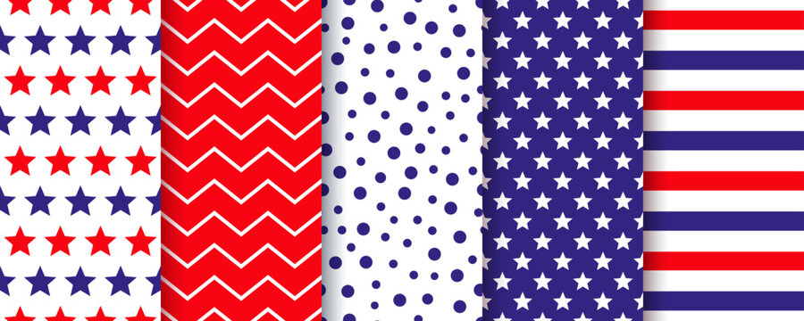 4th july seamless backgrounds. American pattern. Patriotic textures. Happy independence prints. Set of geometric backdrops. USA flag blue red wrapping paper with stars and stripes. Vector illustration