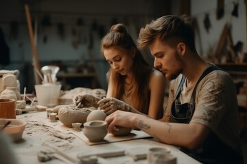 Romantic Date, Couple Painting at Ceramic Studio - obrazy, fototapety, plakaty