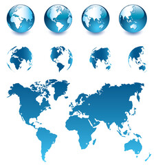 Fototapeta na wymiar Vector illustration of 8 blue Earth globes and map of the world, easy to edit