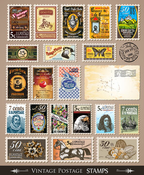 Collection of Vintage Postage Stamps with Various Themes and prices. Empty  distressed postcards and rubber stamps are included