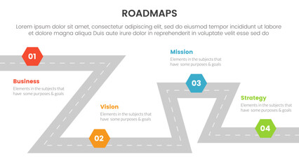 business roadmaps process framework infographic 3 stages with meandered roadway and light theme concept for slide presentation