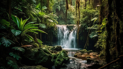 Obraz premium Waterfall in tropical forest. Illustration AI Generative.