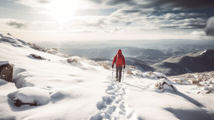 Man hiking in winter mountain. Illustration AI Generative.