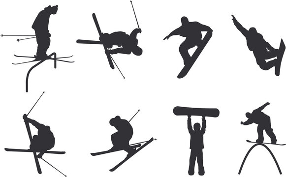 Silhouette images of skiers and snowboarders. Also available as a vector.