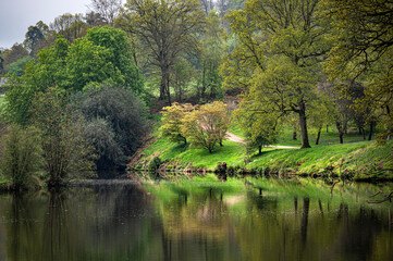 View of a lakeside on a quiet morning with reflections.