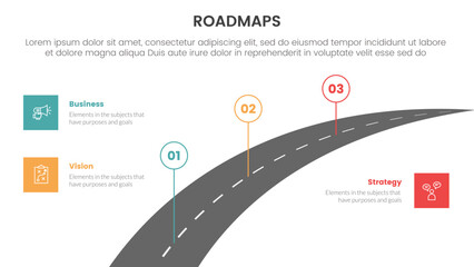 business roadmaps process framework infographic 3 stages with long highway road and light theme concept for slide presentation