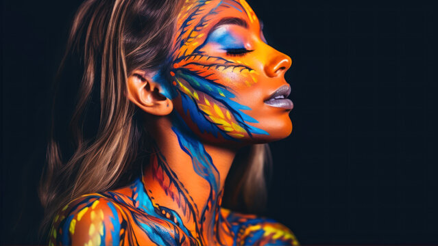 Woman in color body painting on her face. Cover art for your mixtape, video, song or podcast. Bodyart design for book covers. generative ai