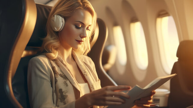 Girl in airplane. Illustration AI Generative.