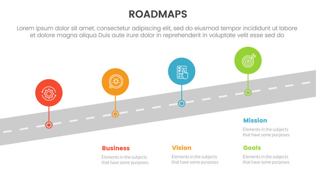 business roadmaps process framework infographic 3 stages with skew road and circle points and light theme concept for slide presentation