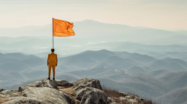 Man with flag on mountain. Illustration Generative AI.