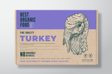 Organic Turkey Meat Vector Poultry Food Packaging Label Design on a Craft Cardboard Box Container with Modern Typography and Hand Drawn Turkey Bird Head Background Layout
