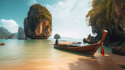 Thai traditional wooden longtail boat. Illustration AI Generative.