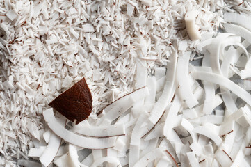 Sliced Coconut Chips Background texture White chopped coconut with dried slices. - 600826960
