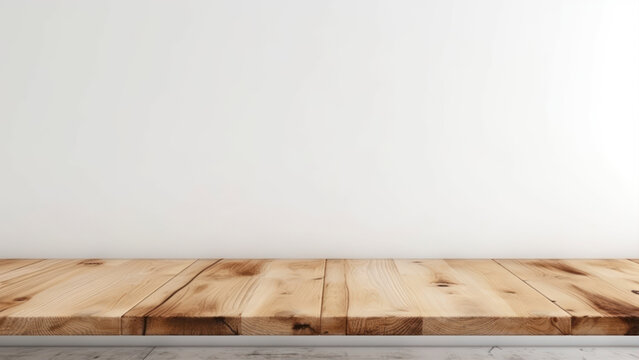 wood table top on bare white concrete wall background generative ai