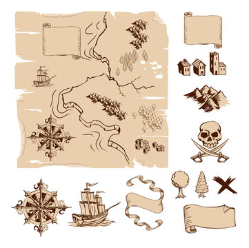 Example map and design elements to make your own fantasy or treasure maps. Includes mountains, buildings, trees, compass etc.