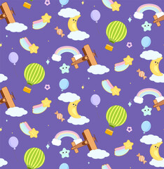 Cute cheerful kawaii cartoon background with emotional adorable moon, stars, rainbows, comets, airplanes and hot air balloon