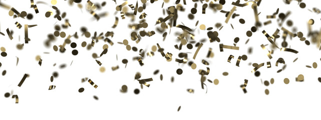 Golden confetti falling down isolated on transparent background.