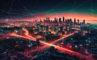 Fototapeta na wymiar digital economy and data on the city at dusk