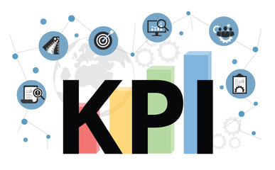 KPI: key performance indicator words, typography design with icons and bar charts.