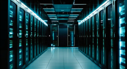 a large hallway is full of server racks