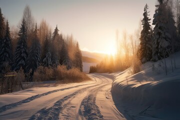 Snowy and frozen mountain road in winter landscape. Generative Ai.