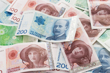 Close-ups  of 50, 100, 200 NOK Norwegian crones paper bank notes