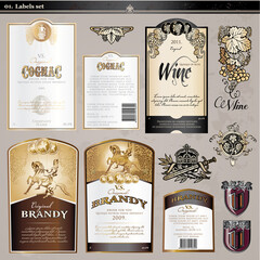 Set of labels and designed elements for wine and spirits