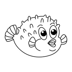 Funny puffer fish cartoon characters vector illustration. For kids coloring book.