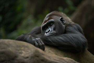 a gorilla sleeping on a rock